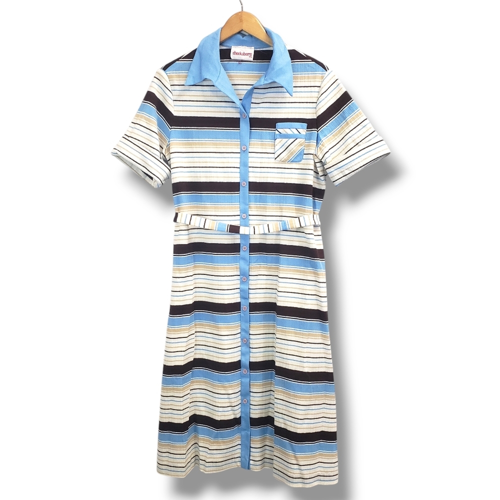 Vintage 70s 80s Checkaberry Striped Belted Button-up T-Shirt Dress 18